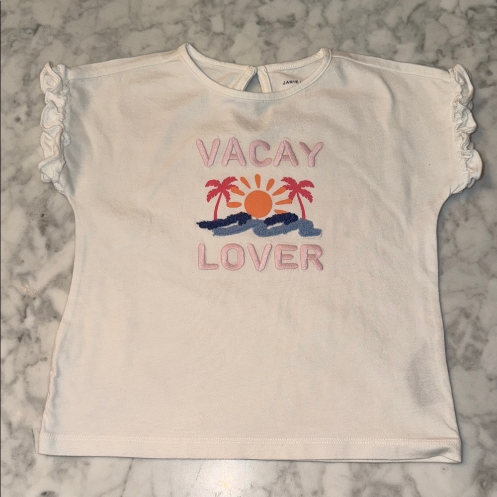 Janie and Jack White Tee with Tropical Design VACAY LOVER 4Y